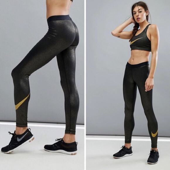 NIKE PRO Gold Black Sparkle DriFit Mid Rise Leggings Tights Run Gym Yoga Pants M - Picture 1 of 10